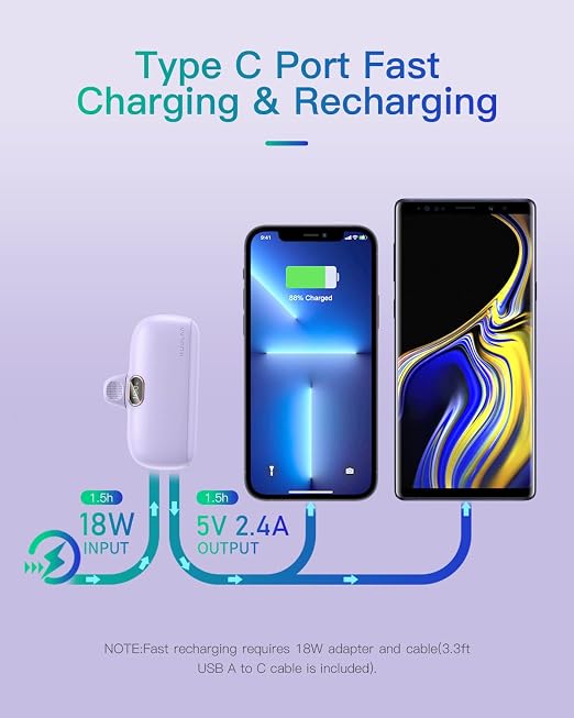 Portable Charger with Built-in Lightning Cable 5000mAh Small iPhone Fast Charging Mini Portable Phone Charger for iPhone