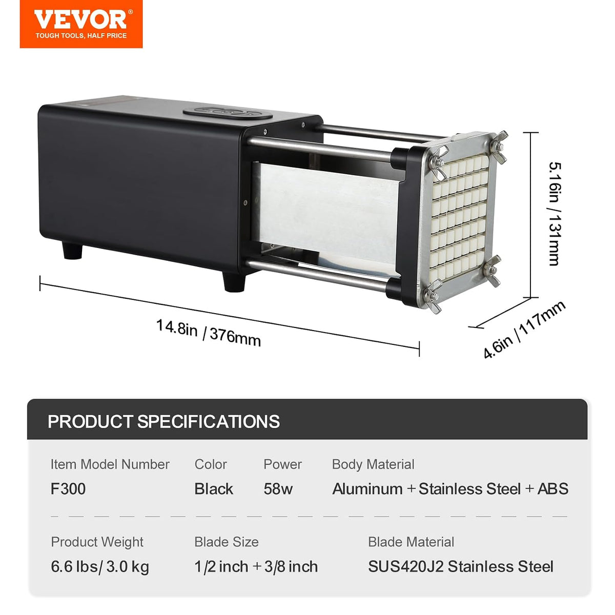 VEVOR F300 Electric Potato Cutter, Aluminium + Stainless Steel + ABS