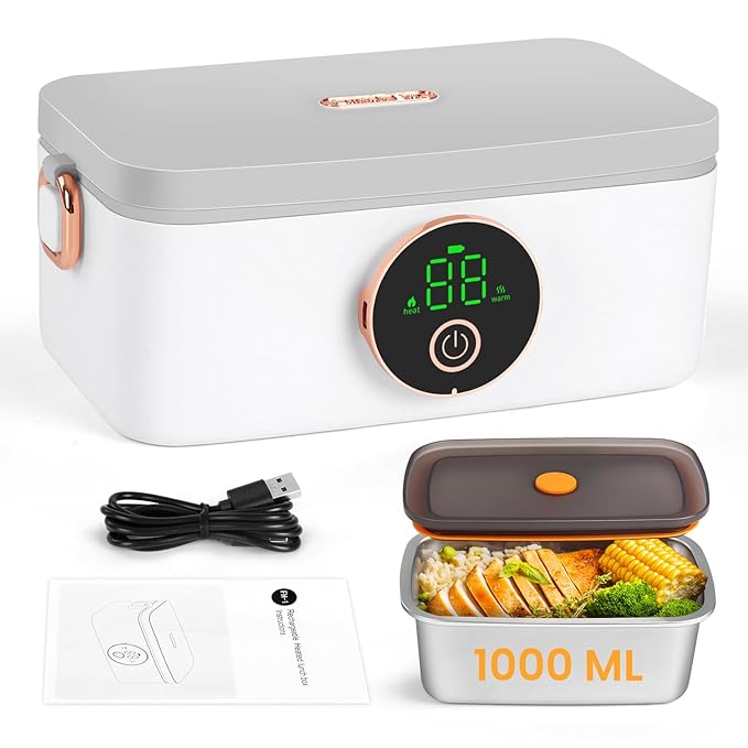 Iridesc Self Heating Lunch Box Cordless, Cordless Lunch Box with 1L, 158°F Heat, 16000mAh echargeable Battery Powered Food Warmer for Work, Self Heating for Office, Car, and Outdoor Use
