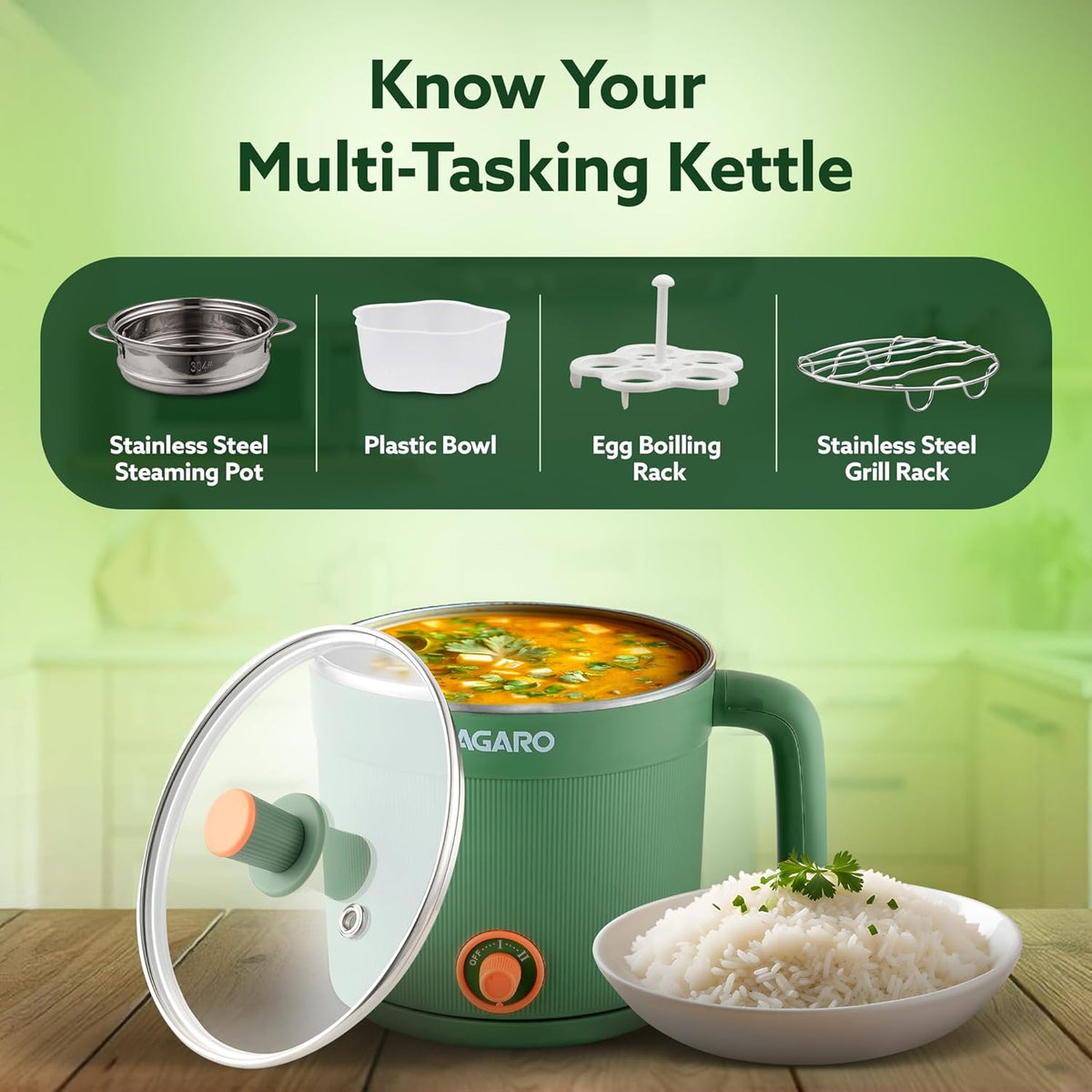 AGARO Regency Multipurpose Kettle With Steamer, 1.2L Inner Pot, Double Layered Body, Variable Temperature Settings, Wide Mouth, Boiling, Steaming, Tea, Coffee, Egg, Vegetable Boiling, 600W, Sea Green
