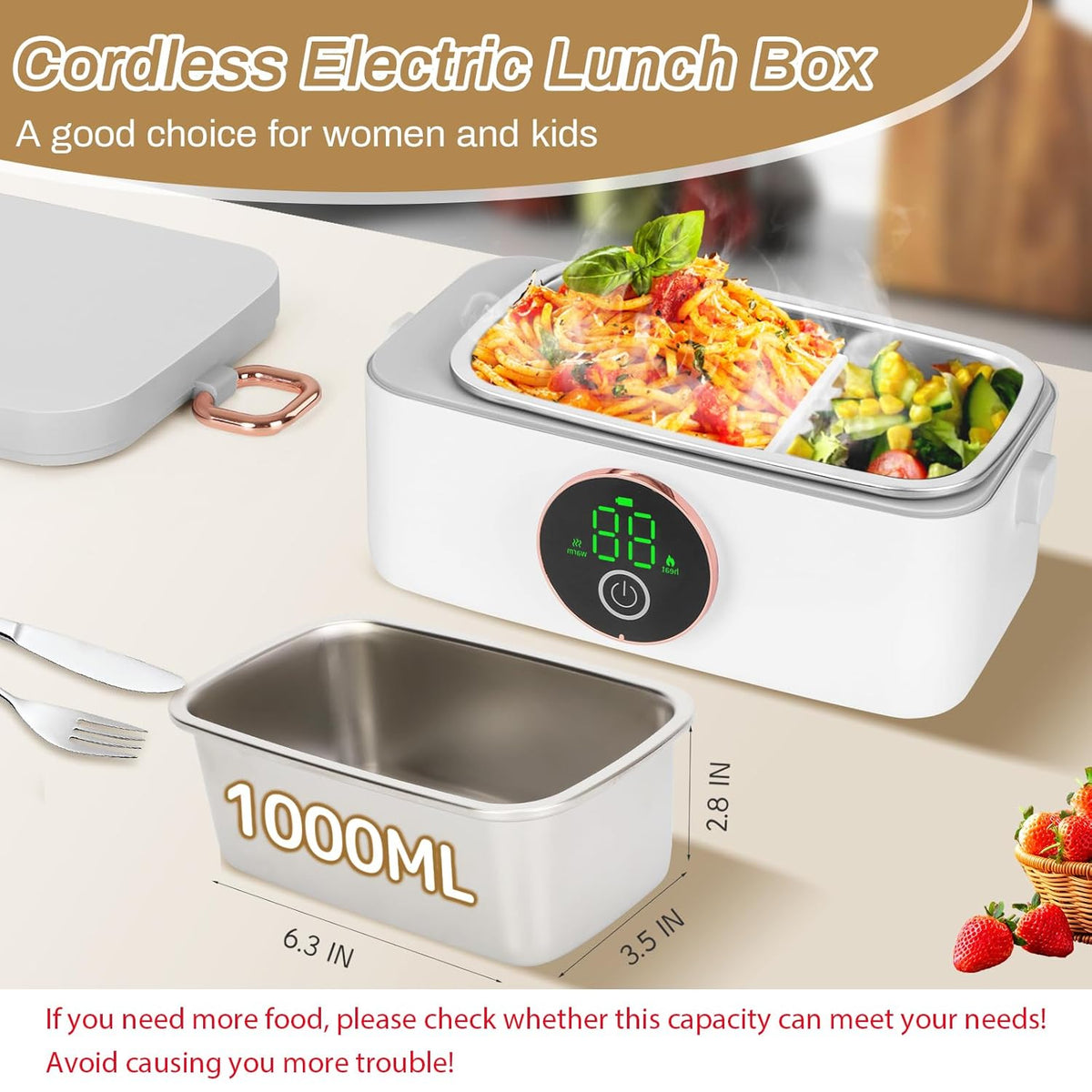 Iridesc Self Heating Lunch Box Cordless, Cordless Lunch Box with 1L, 158°F Heat, 16000mAh echargeable Battery Powered Food Warmer for Work, Self Heating for Office, Car, and Outdoor Use