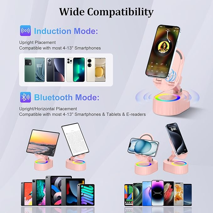 AKLLCCR Wireless Induction Bluetooth Speaker 5in1 Phone Holder Speaker 3000mAh Rechargeable Phone Speaker Amplifier,Ambient Light,Portable Stand for iPhone,Android,Ideal Gift for Men/Women,Pink