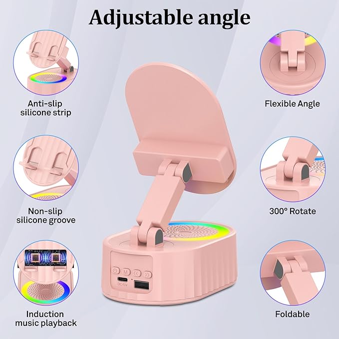 AKLLCCR Wireless Induction Bluetooth Speaker 5in1 Phone Holder Speaker 3000mAh Rechargeable Phone Speaker Amplifier,Ambient Light,Portable Stand for iPhone,Android,Ideal Gift for Men/Women,Pink