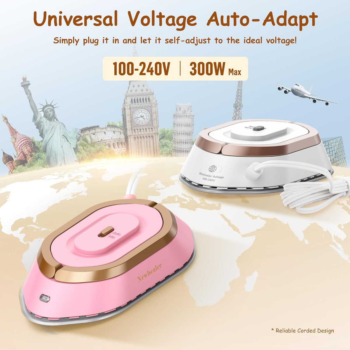 Newbealer Travel Iron, Global Voltage 100-240V, Mini Dry Iron for Clothes , Steam  Maximum 300 Watts, Heats Up to 350°F in 60 Seconds, Non-stick Ceramic Sole, 1 Pound Ultra-Lightweight
