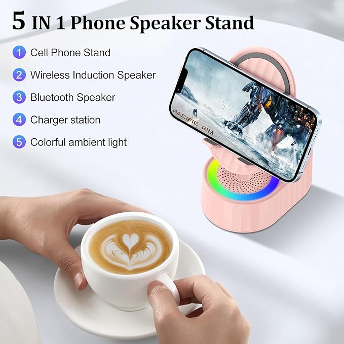 AKLLCCR Wireless Induction Bluetooth Speaker 5in1 Phone Holder Speaker 3000mAh Rechargeable Phone Speaker Amplifier,Ambient Light,Portable Stand for iPhone,Android,Ideal Gift for Men/Women,Pink