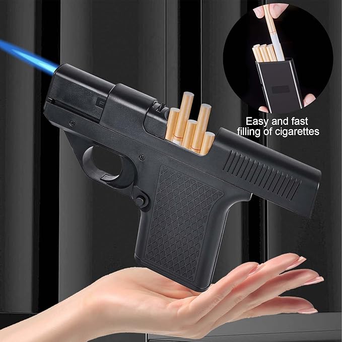 Lighter Gun with Cigarette Cases, Windproof Lighter, Jet Lighter, Refillable Butane Gas, Cool Windproof Jet Shape