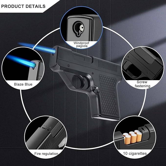 Lighter Gun with Cigarette Cases, Windproof Lighter, Jet Lighter, Refillable Butane Gas, Cool Windproof Jet Shape