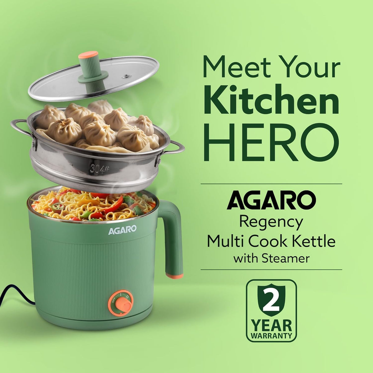 AGARO Regency Multipurpose Kettle With Steamer, 1.2L Inner Pot, Double Layered Body, Variable Temperature Settings, Wide Mouth, Boiling, Steaming, Tea, Coffee, Egg, Vegetable Boiling, 600W, Sea Green