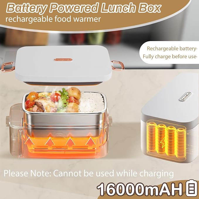 Iridesc Self Heating Lunch Box Cordless, Cordless Lunch Box with 1L, 158°F Heat, 16000mAh echargeable Battery Powered Food Warmer for Work, Self Heating for Office, Car, and Outdoor Use