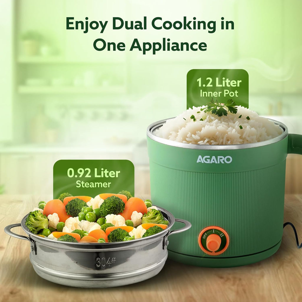 AGARO Regency Multipurpose Kettle With Steamer, 1.2L Inner Pot, Double Layered Body, Variable Temperature Settings, Wide Mouth, Boiling, Steaming, Tea, Coffee, Egg, Vegetable Boiling, 600W, Sea Green