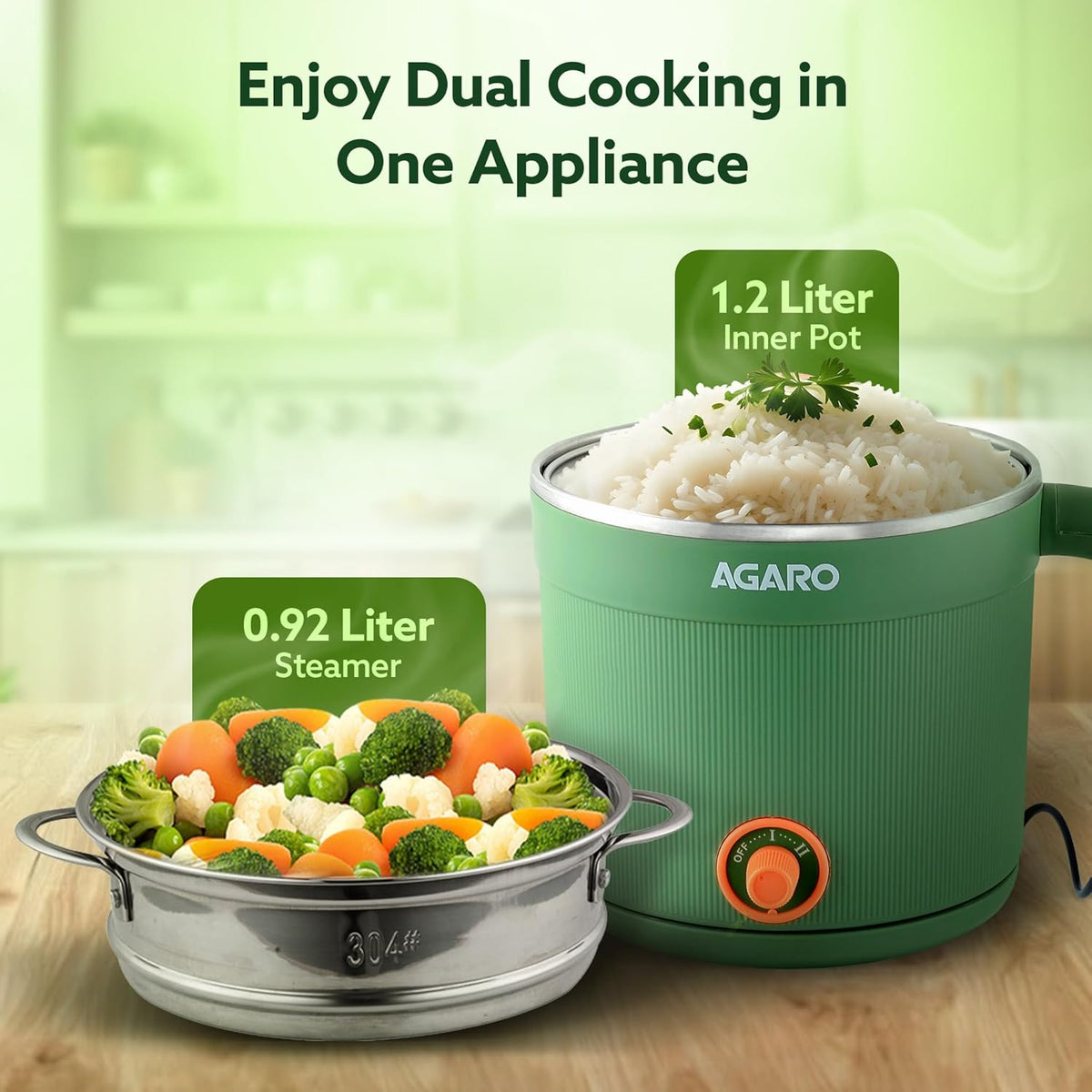 AGARO Regency Multipurpose Kettle With Steamer, 1.2L Inner Pot, Double Layered Body, Variable Temperature Settings, Wide Mouth, Boiling, Steaming, Tea, Coffee, Egg, Vegetable Boiling, 600W, Sea Green