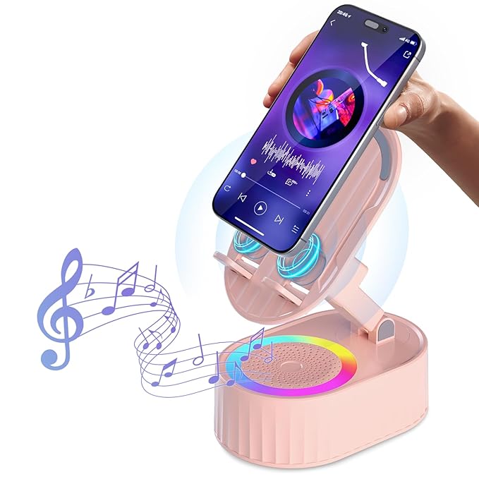AKLLCCR Wireless Induction Bluetooth Speaker 5in1 Phone Holder Speaker 3000mAh Rechargeable Phone Speaker Amplifier,Ambient Light,Portable Stand for iPhone,Android,Ideal Gift for Men/Women,Pink