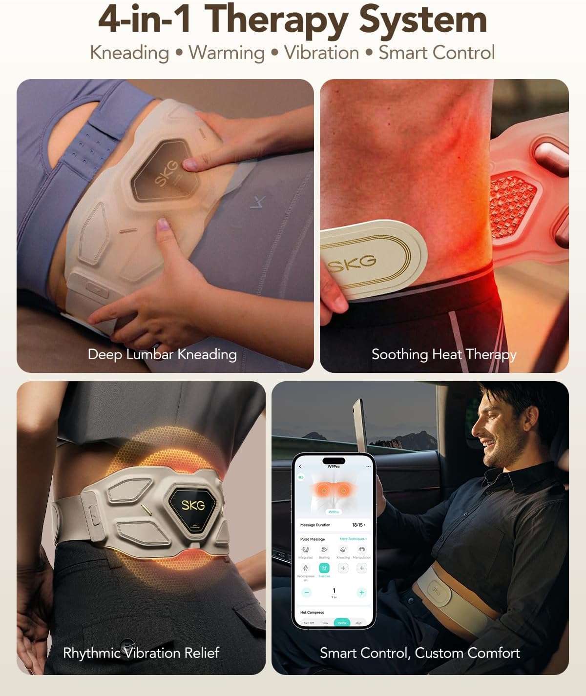 SKG W9 Pro Lower Back Massager - Relieves Pain, Deep Tissue Massage, Suitable as a Gift for Men and Women, Adjustable Wireless Heating Pad, Infrared Vibration Back Massager for Mom and Grandpa