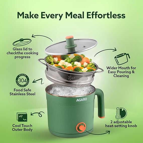 AGARO Regency Multipurpose Kettle With Steamer, 1.2L Inner Pot, Double Layered Body, Variable Temperature Settings, Wide Mouth, Boiling, Steaming, Tea, Coffee, Egg, Vegetable Boiling, 600W, Sea Green