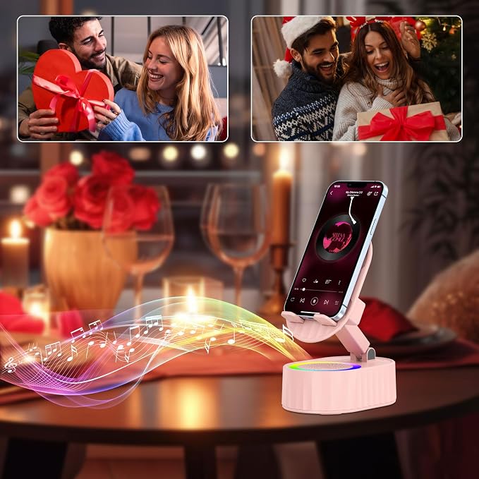 AKLLCCR Wireless Induction Bluetooth Speaker 5in1 Phone Holder Speaker 3000mAh Rechargeable Phone Speaker Amplifier,Ambient Light,Portable Stand for iPhone,Android,Ideal Gift for Men/Women,Pink