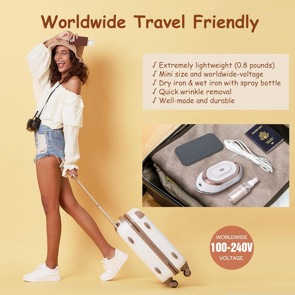 Newbealer Travel Iron, Global Voltage 100-240V, Mini Dry Iron for Clothes , Steam  Maximum 300 Watts, Heats Up to 350°F in 60 Seconds, Non-stick Ceramic Sole, 1 Pound Ultra-Lightweight