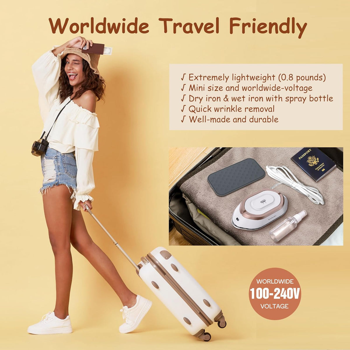 Newbealer Travel Iron, Global Voltage 100-240V, Mini Dry Iron for Clothes , Steam  Maximum 300 Watts, Heats Up to 350°F in 60 Seconds, Non-stick Ceramic Sole, 1 Pound Ultra-Lightweight