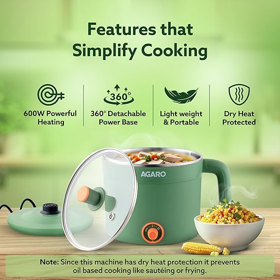 AGARO Regency Multipurpose Kettle With Steamer, 1.2L Inner Pot, Double Layered Body, Variable Temperature Settings, Wide Mouth, Boiling, Steaming, Tea, Coffee, Egg, Vegetable Boiling, 600W, Sea Green