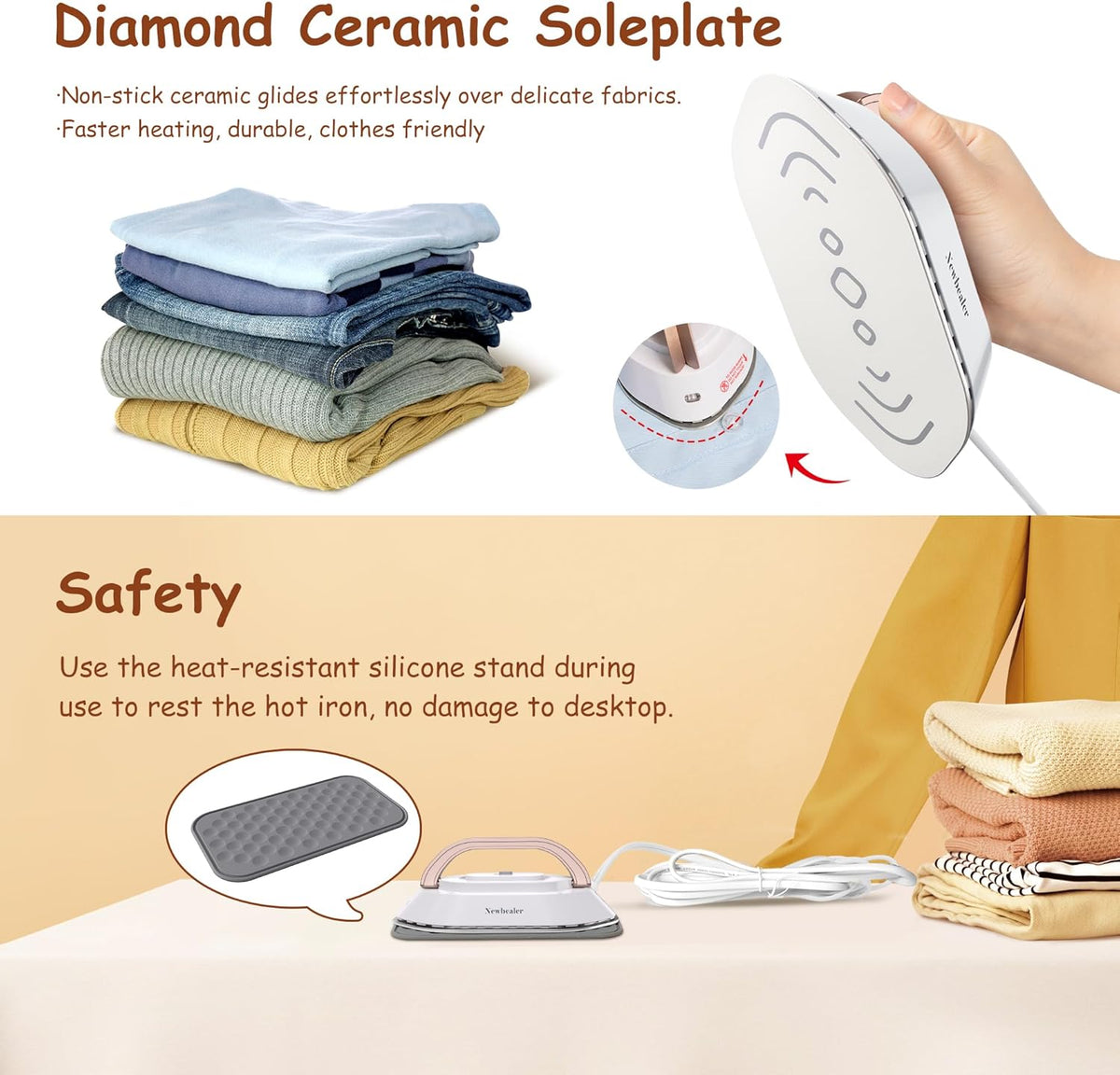 Newbealer Travel Iron, Global Voltage 100-240V, Mini Dry Iron for Clothes , Steam  Maximum 300 Watts, Heats Up to 350°F in 60 Seconds, Non-stick Ceramic Sole, 1 Pound Ultra-Lightweight