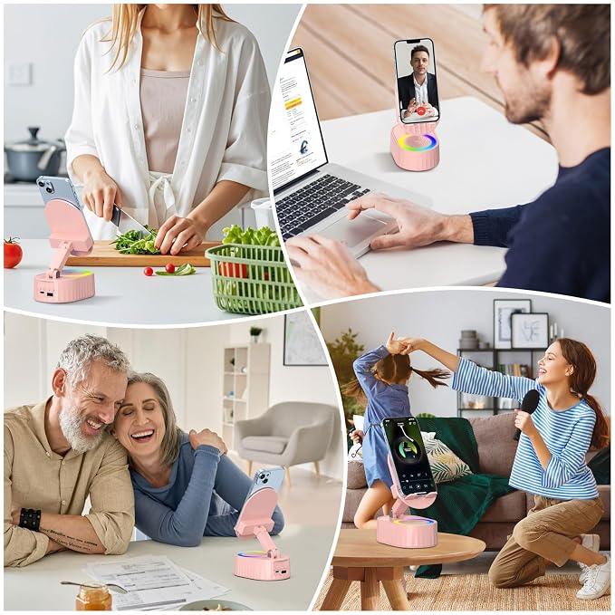 AKLLCCR Wireless Induction Bluetooth Speaker 5in1 Phone Holder Speaker 3000mAh Rechargeable Phone Speaker Amplifier,Ambient Light,Portable Stand for iPhone,Android,Ideal Gift for Men/Women,Pink