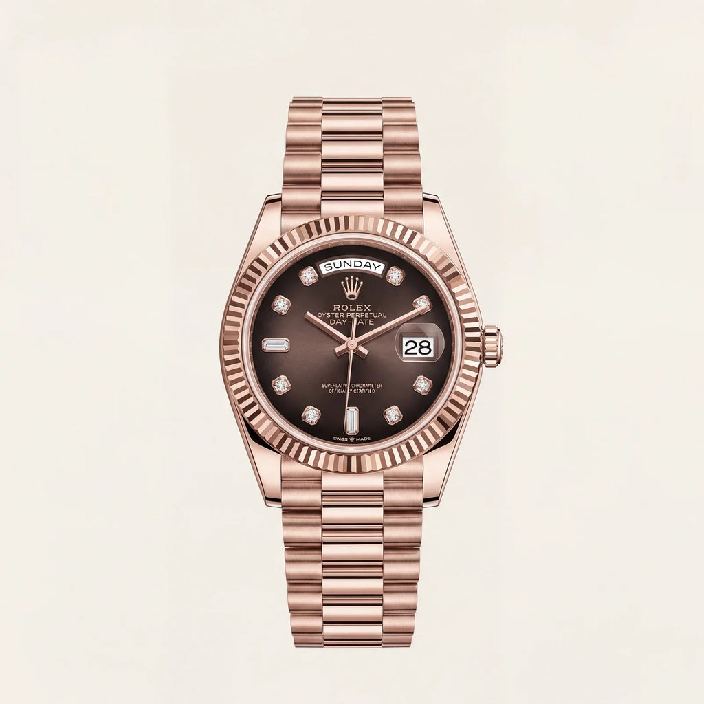 Luxury Rose Gold Stainless Steel Watch Fluted Bezel Chocolate Brown Dial Diamond Markers Day-Date Watch – Men