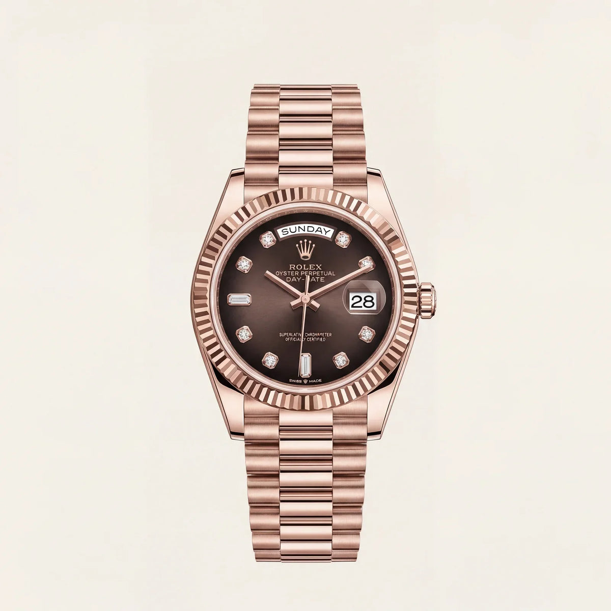 Luxury Rose Gold Stainless Steel Watch Fluted Bezel Chocolate Brown Dial Diamond Markers Day-Date Watch – Men