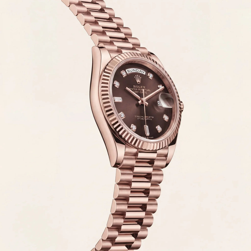 Luxury Rose Gold Stainless Steel Watch Fluted Bezel Chocolate Brown Dial Diamond Markers Day-Date Watch – Men