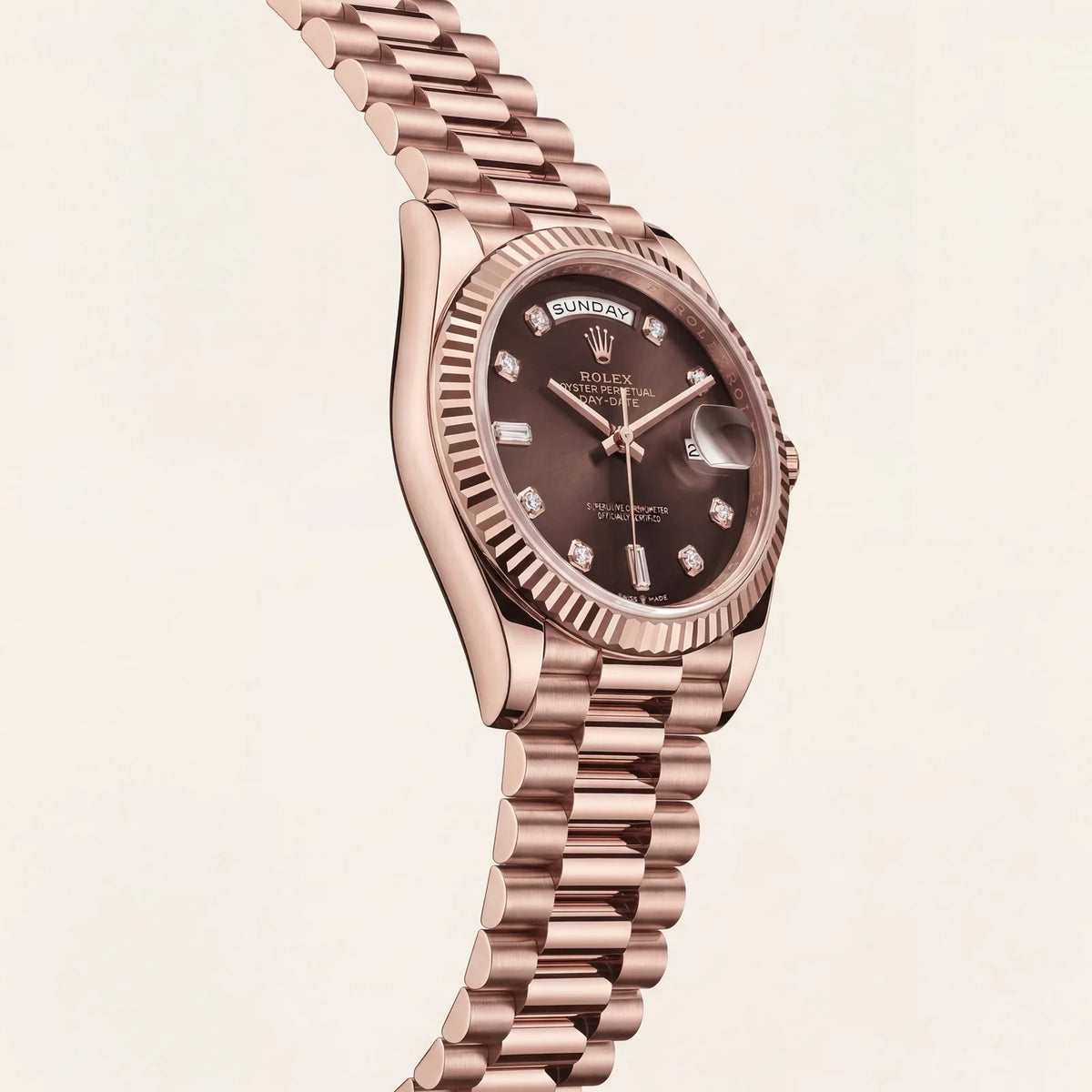 Luxury Rose Gold Stainless Steel Watch Fluted Bezel Chocolate Brown Dial Diamond Markers Day-Date Watch – Men