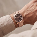 Luxury Rose Gold Stainless Steel Watch Fluted Bezel Chocolate Brown Dial Diamond Markers Day-Date Watch – Men