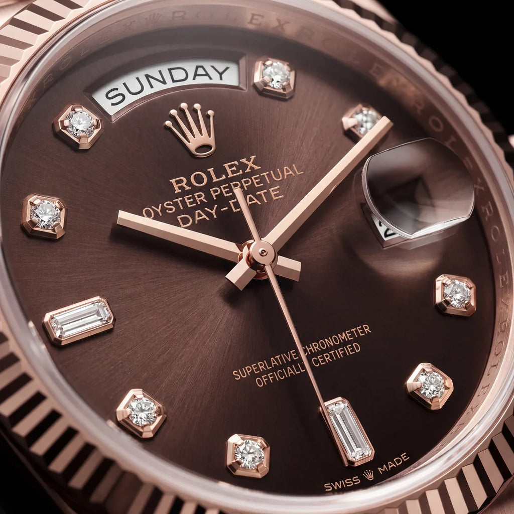 Luxury Rose Gold Stainless Steel Watch Fluted Bezel Chocolate Brown Dial Diamond Markers Day-Date Watch – Men
