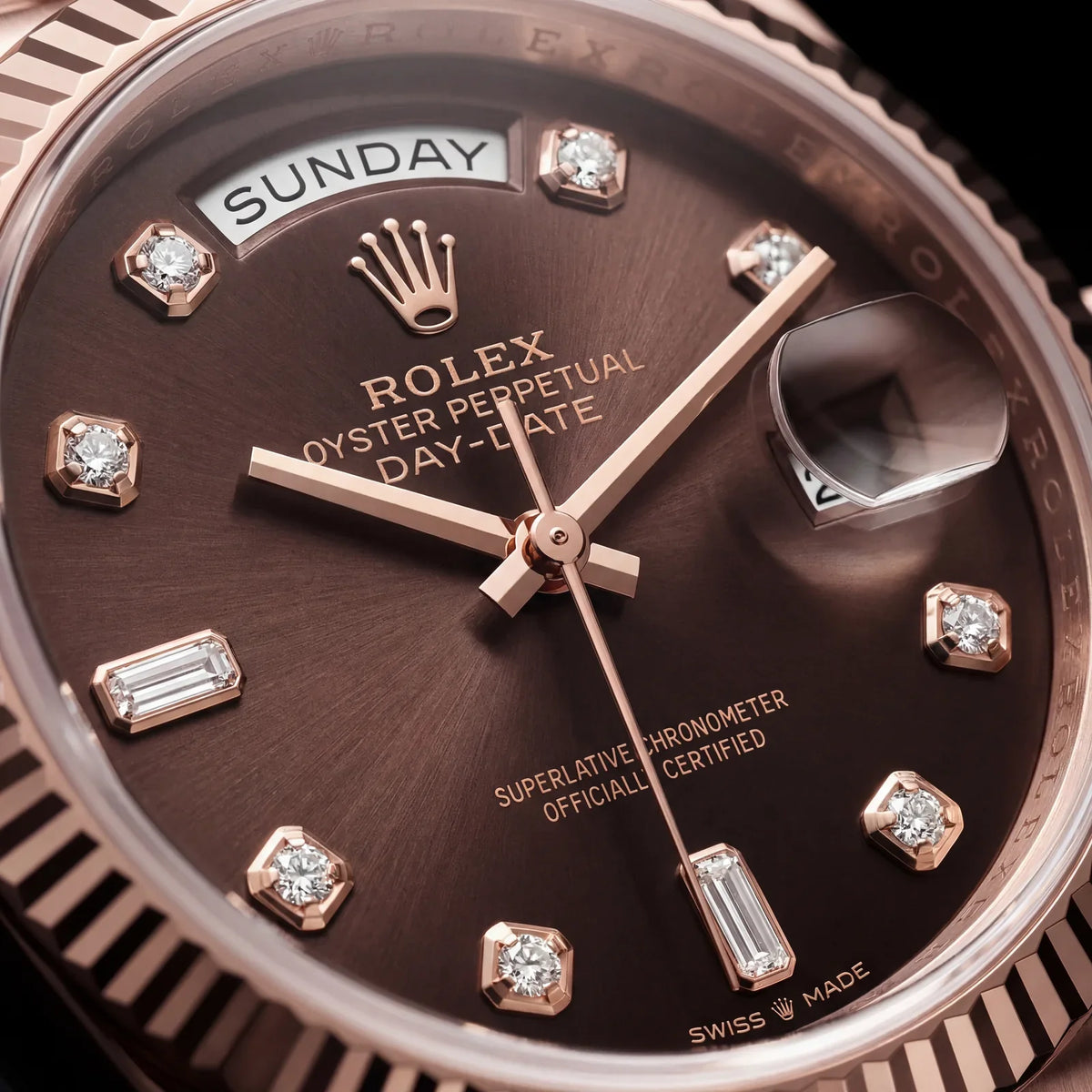 Luxury Rose Gold Stainless Steel Watch Fluted Bezel Chocolate Brown Dial Diamond Markers Day-Date Watch – Men