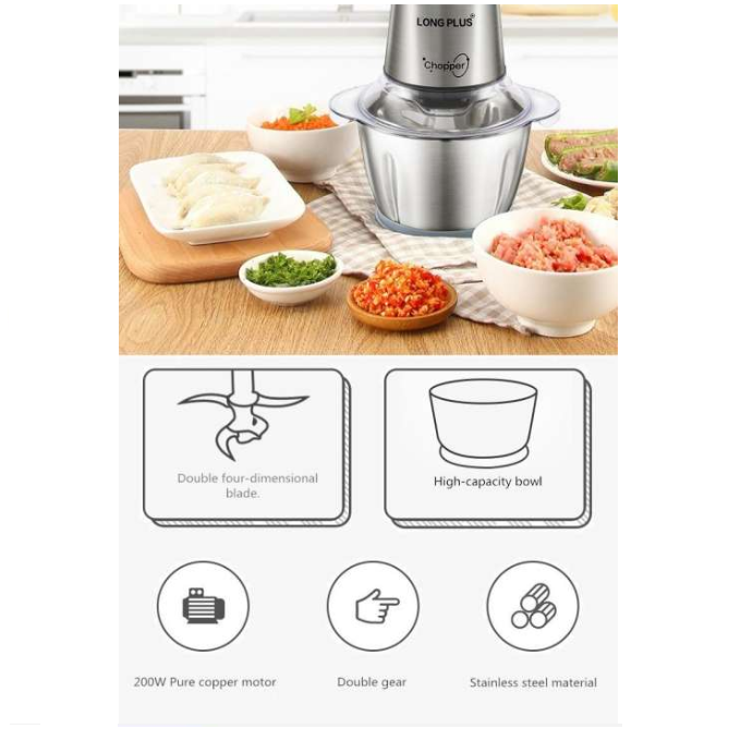 Electric Grinder 2L Stainless Steel Electric Meat Chopper Food Processor Machine for Meat, Vegetables, Fruits and Nuts Fruit Mixer Nuts Grinder Blender Fillings Maker
