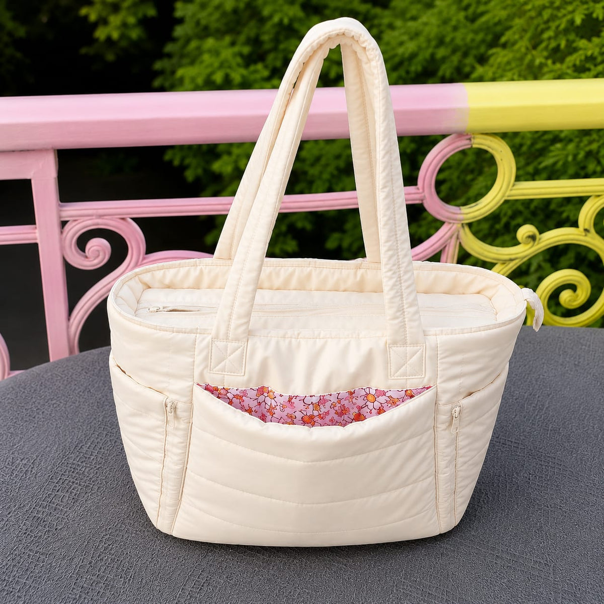 Women's Quilted Tote Bag Large Capacity Shoulder Handbag Floral Print Lining Everyday College & Office Bag