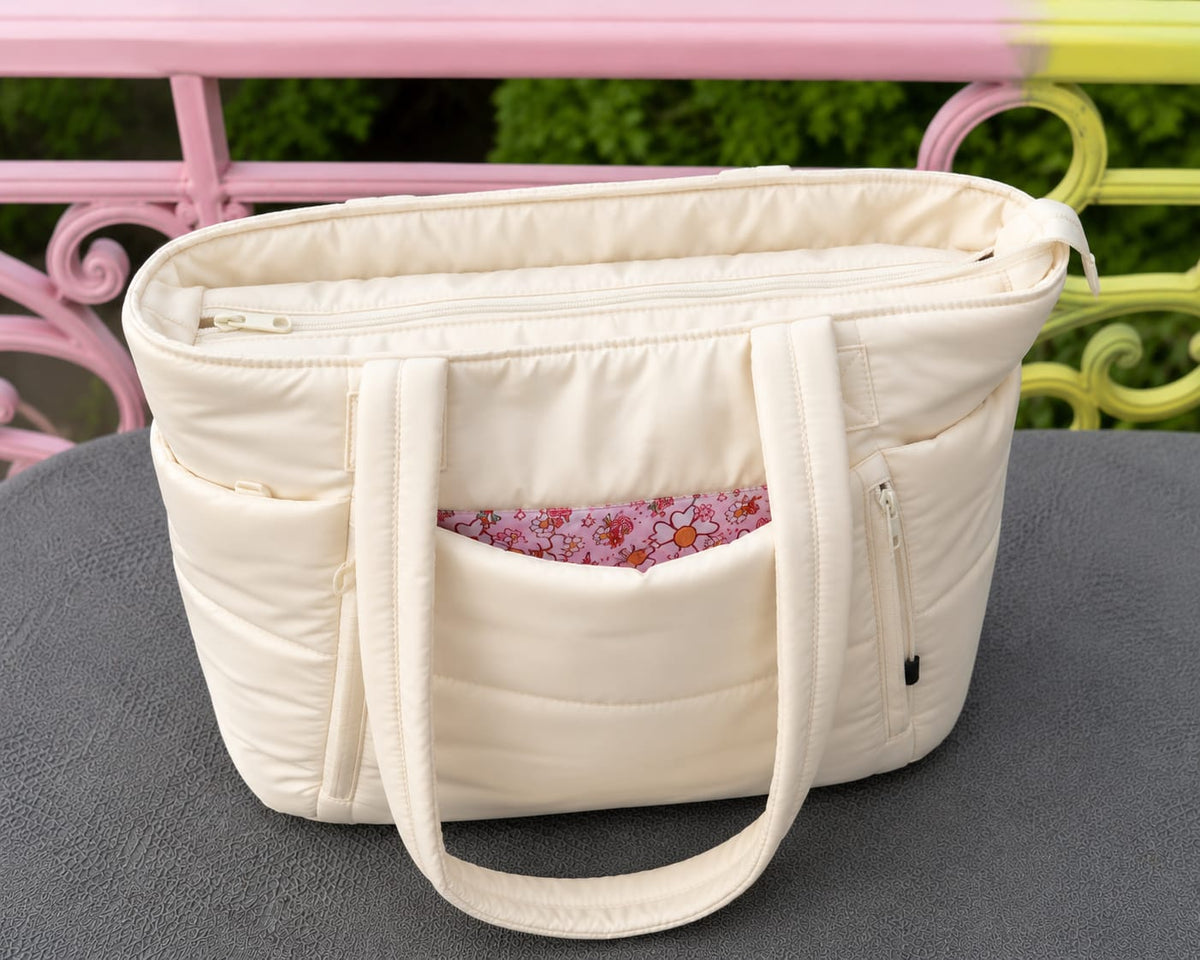 Women's Quilted Tote Bag Large Capacity Shoulder Handbag Floral Print Lining Everyday College & Office Bag